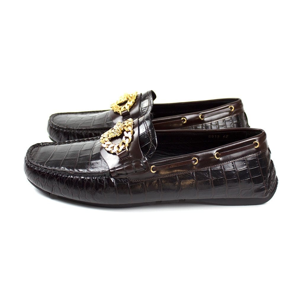 Versace Mock Croc Medusa Chain Loafers Brown