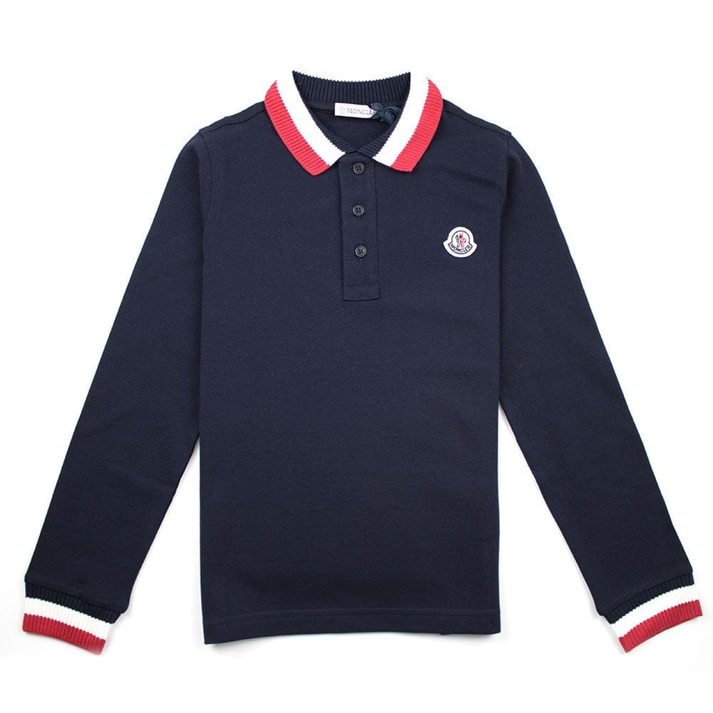 Moncler Junior Tri Collar Long Sleeve Polo Shirt Navy