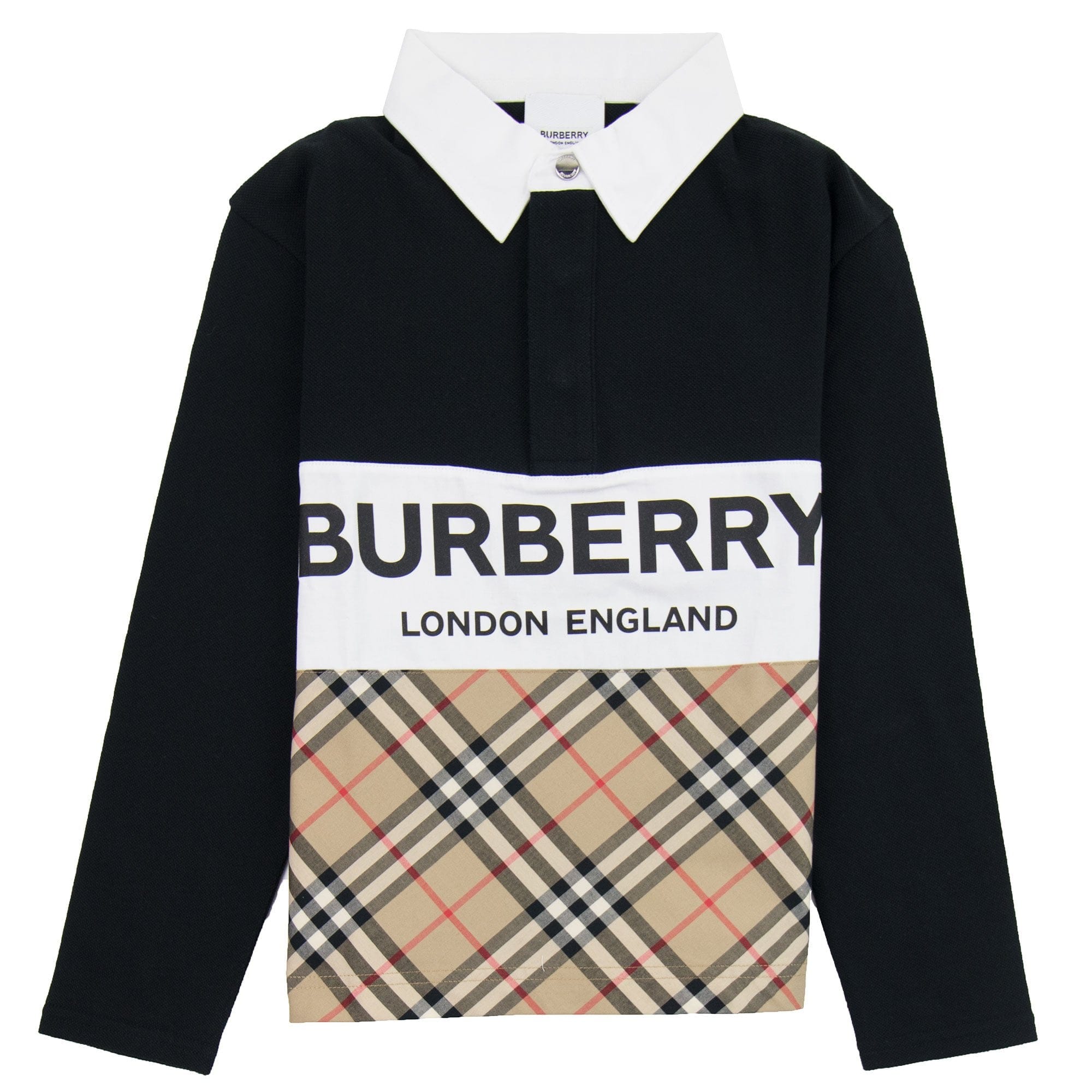 Burberry Children Logo Print Check Panel Long-sleeve Polo Shirt Black