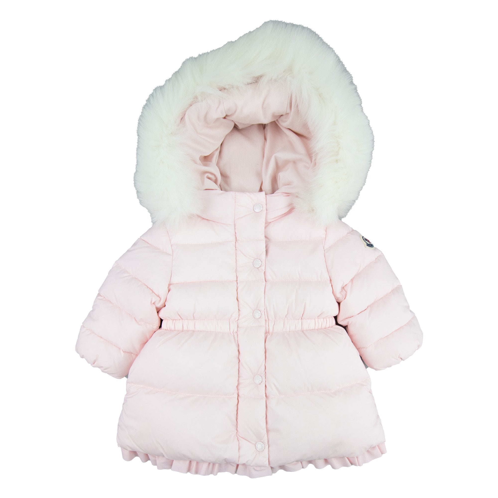Moncler Junior Kithera Fur Hooded Longline Puffa Jacket Pink 503