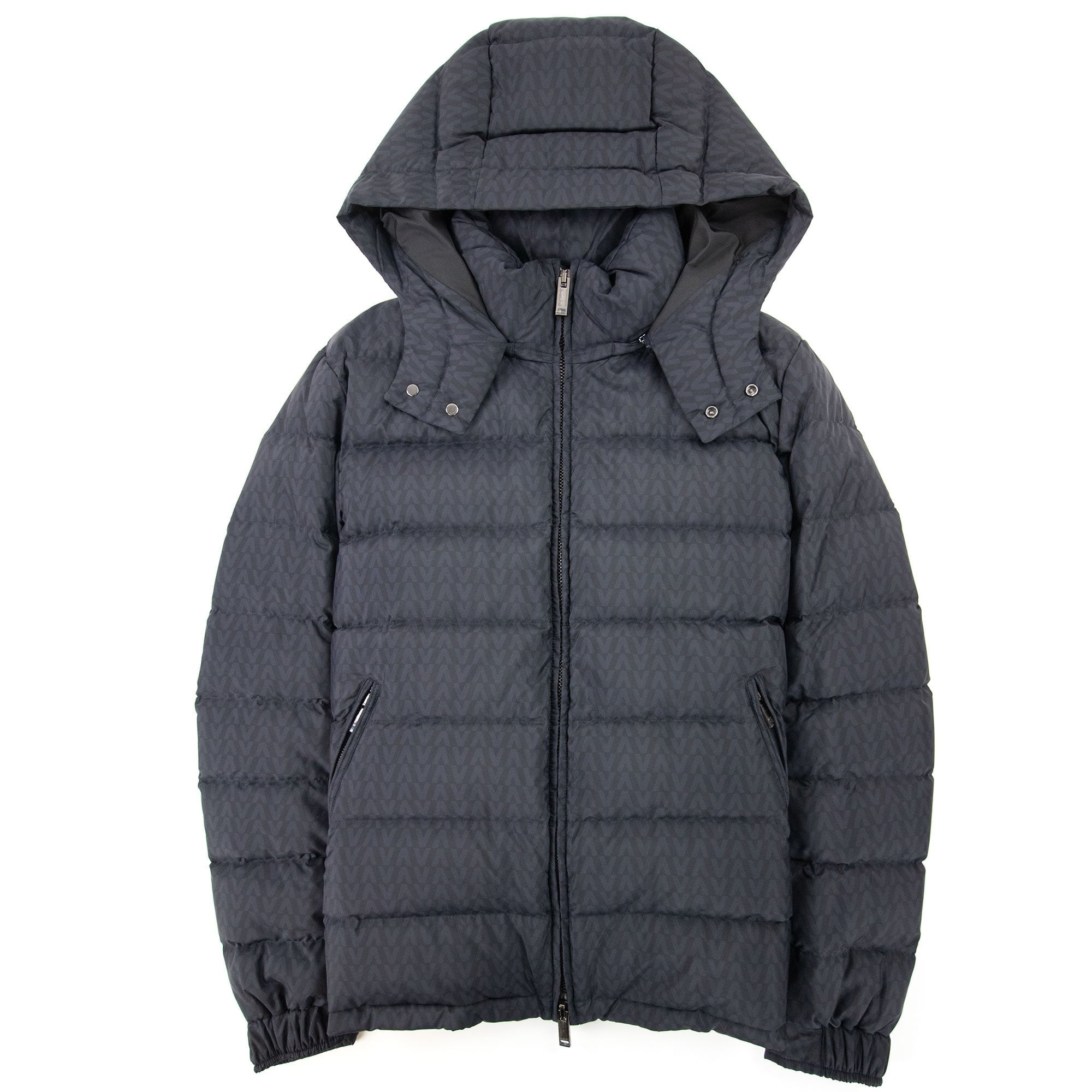 Valentino All Over Optical Valentino Print Hooded Nylon Down Navy