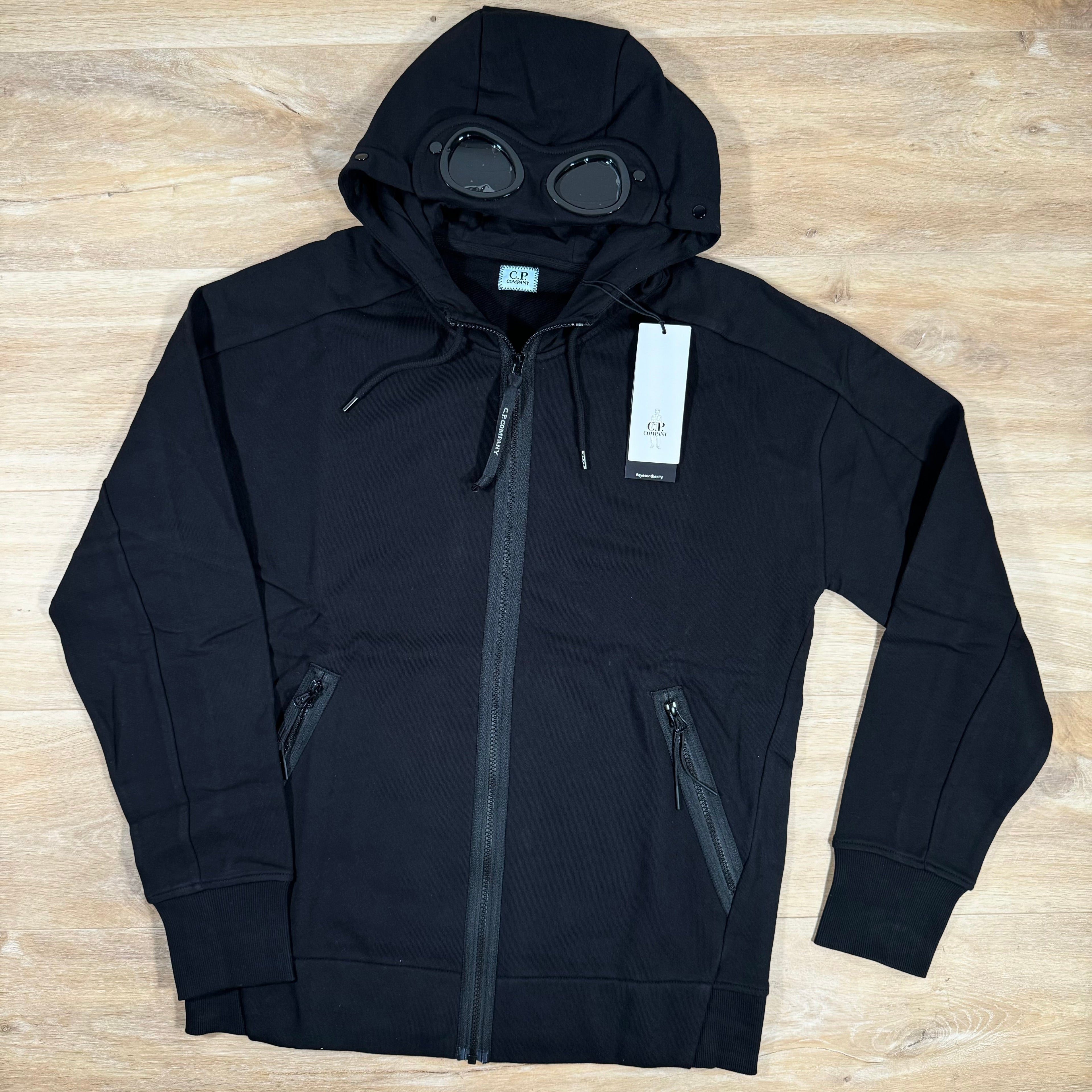 C.P. Company Diagonal Raised Fleece Goggle Hoodie in Black