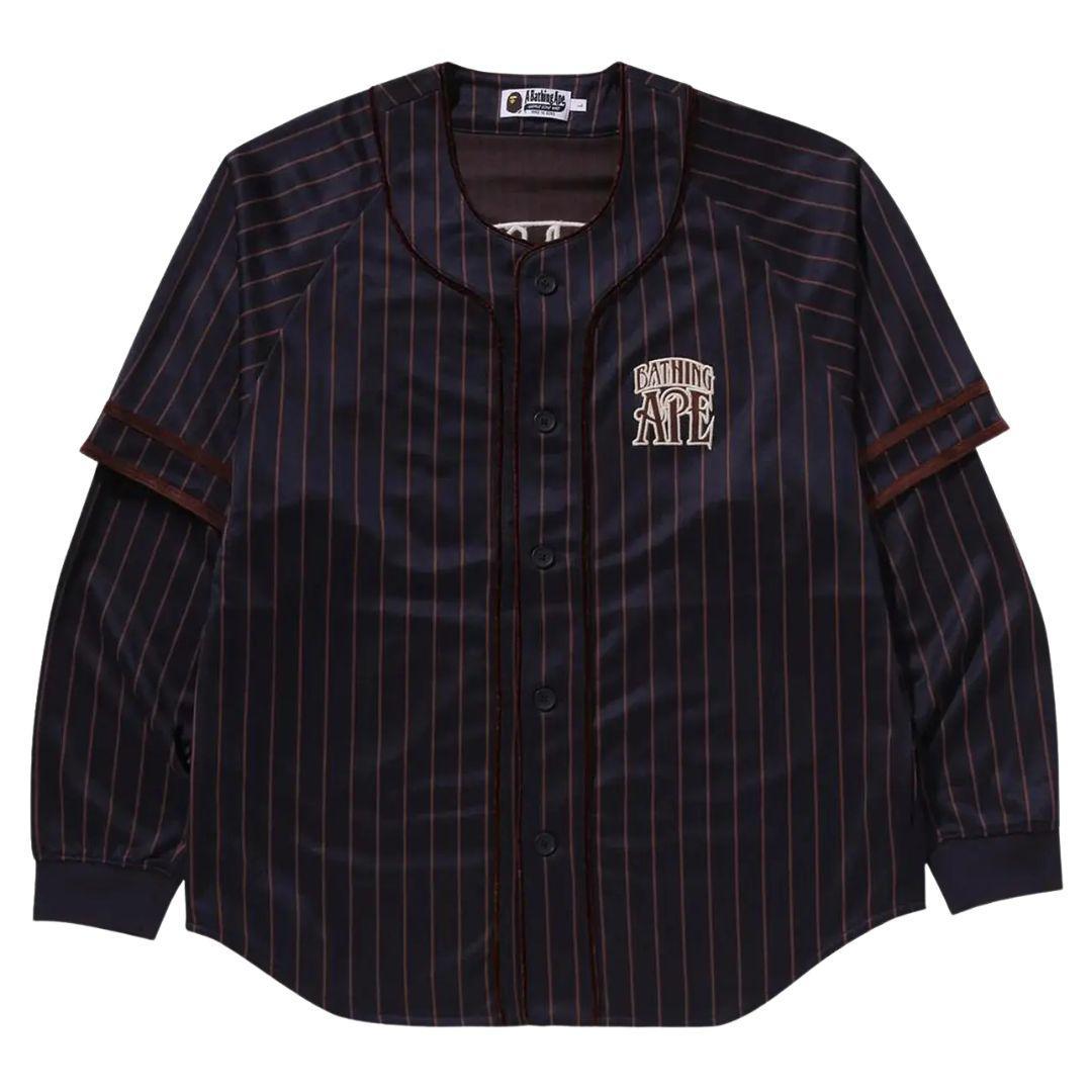 BAPE STRIPED LAYERED LONGSLEEVE BASEBALL SHIRT NAVY
