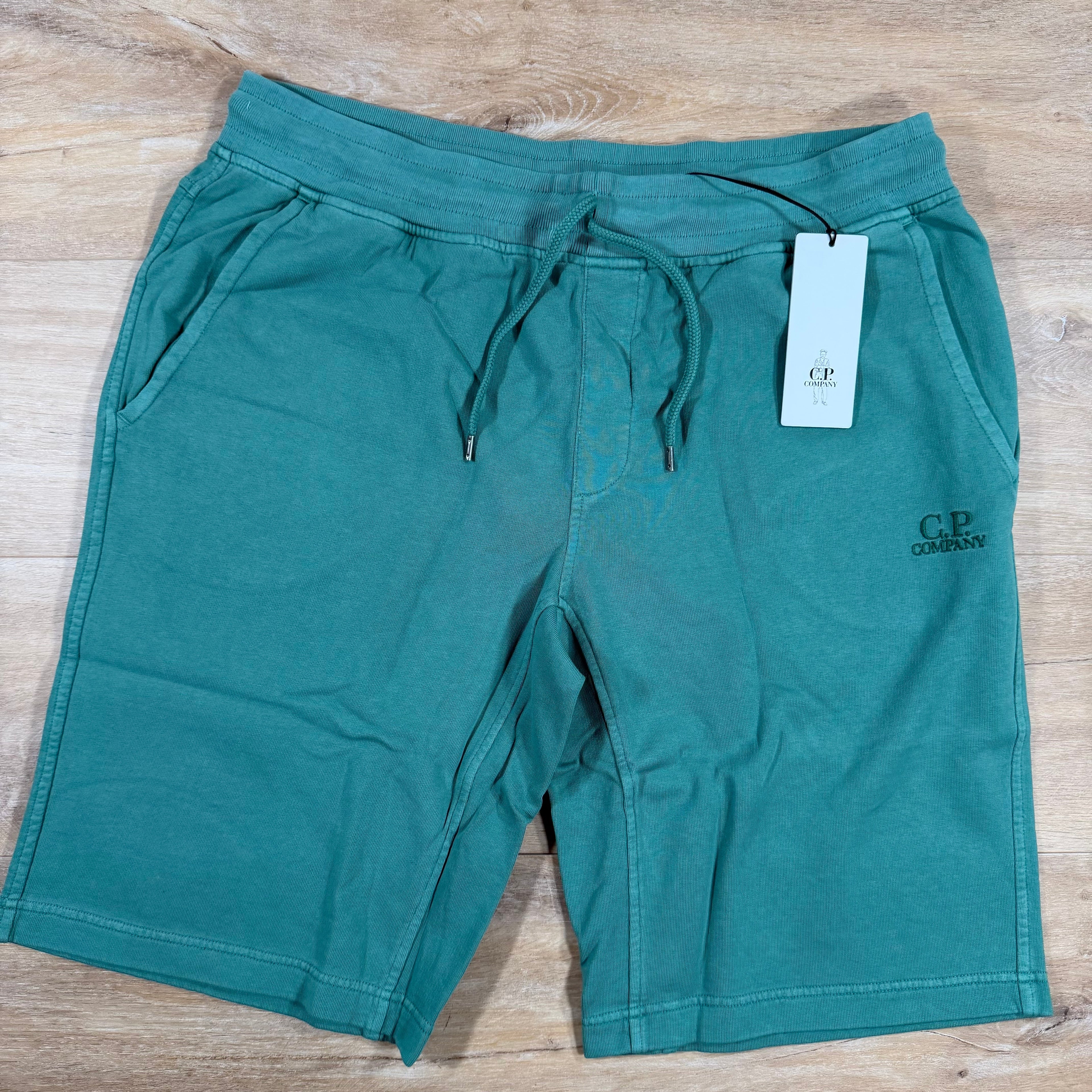 C.P. Company Cotton Fleece Logo Shorts in Frosty Spruce