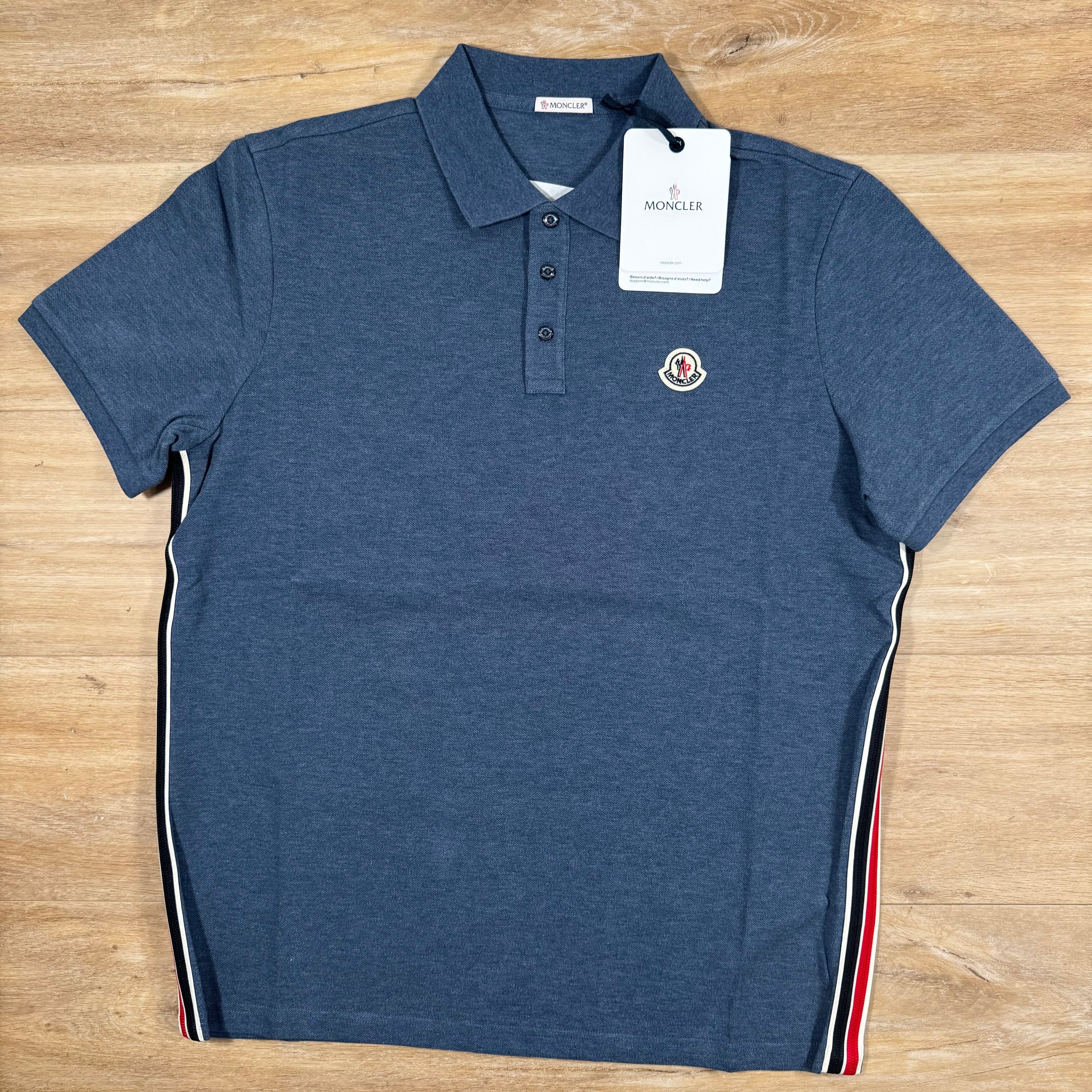 Moncler Striped Trim Cotton Piquet Polo Shirt in Dusty Blue